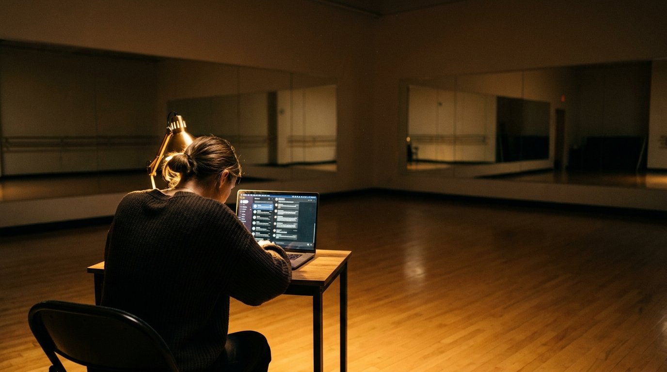 Simone working alone at her desk after hours